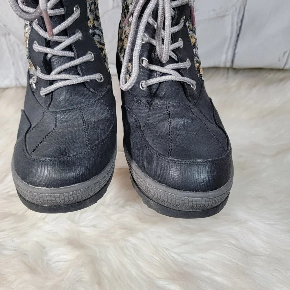 Justice Womens Sz 9 Sequin Snow Boots Faux Fur Vegan Winter Black Casual‎